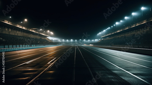 race track empty at night with lights on, long exposure. postproduced AI image