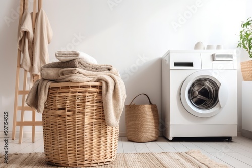 Modern washing machine and laundry basket near white wall, text space. Bathroom interior. Generative AI