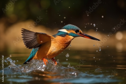 The Beautiful kingfisher diving for catching fish , Amazing moment Flying bird, generative AI