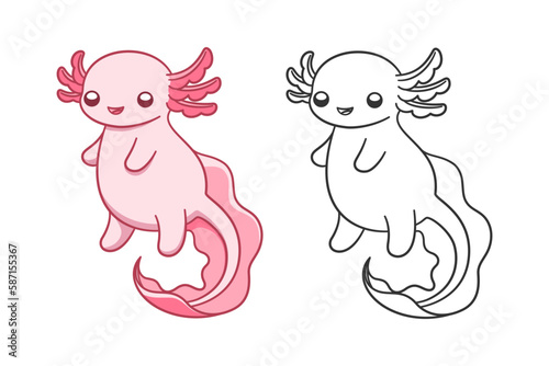 Happy axolotl cartoon colored and line art vector illustration set. Cute underwater aquatic animal design. Easy simple coloring book page activity for kids.