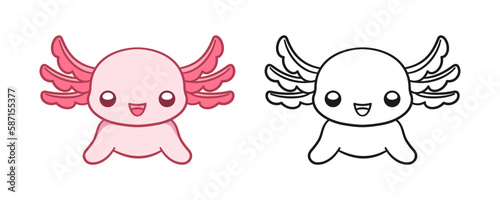 Happy axolotl head cartoon colored and outline vector illustration set. Cute underwater aquatic animal coloring book page activity design for kids.