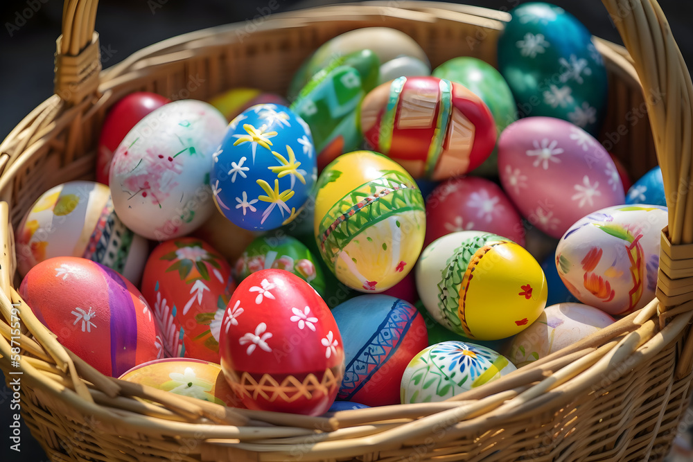 a basket filled with lots of colorful decorated eggs 