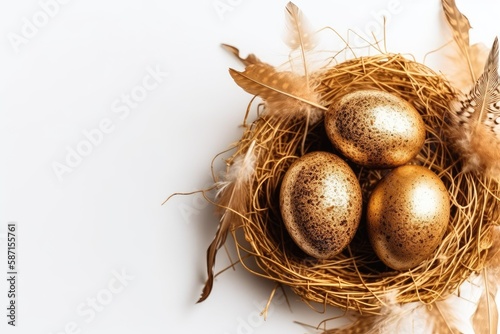 birds nest with eggs and feathers on a white background. Generative AI