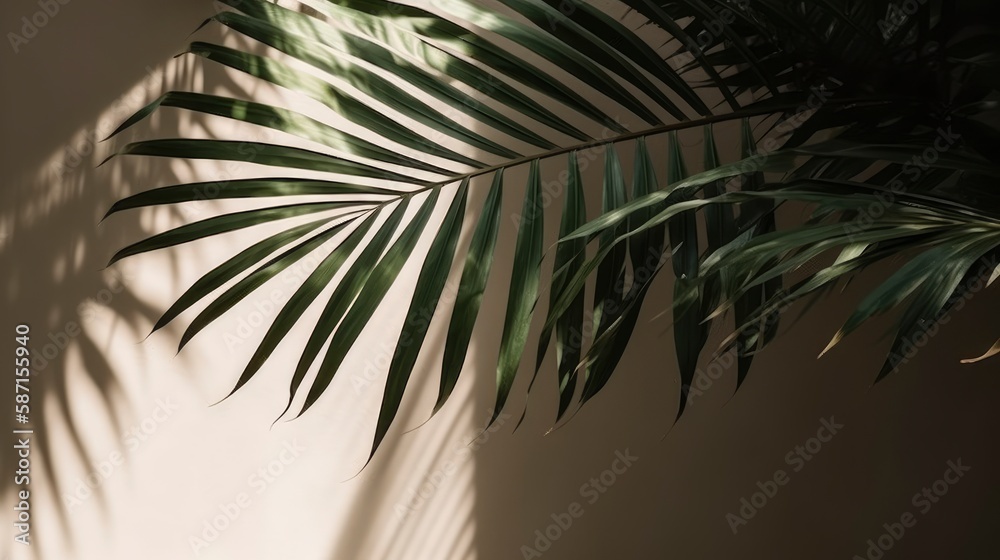 Fototapeta premium A palm leaf is casting a shadow on a wall. Generative AI