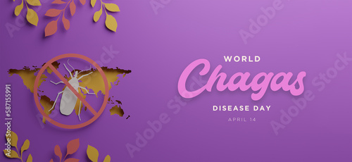 World Chagas disease Day poster with silhouettes of chagas insect in paper cut and copy space. 3d render illustration.