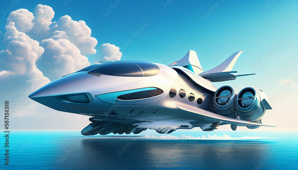 Fototapeta premium modern jet at the ocean with blue sky. Generative AI
