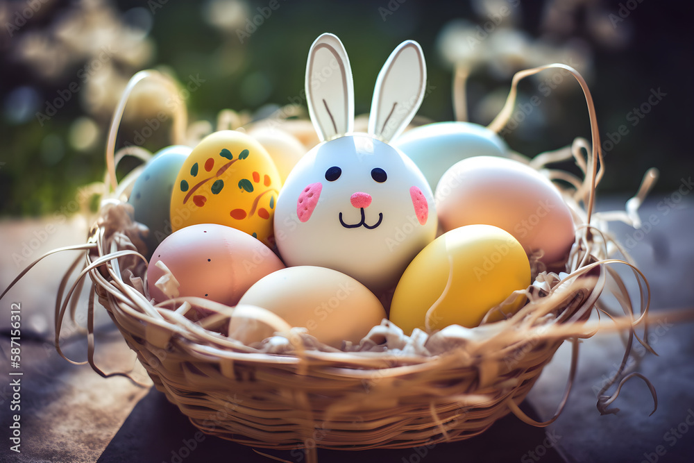 a basket filled with eggs with a bunny face painted on it 