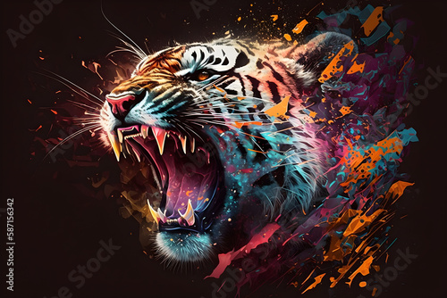Abstract colorful tiger with polygon, open mouth fiercely. Generative AI.  © sam