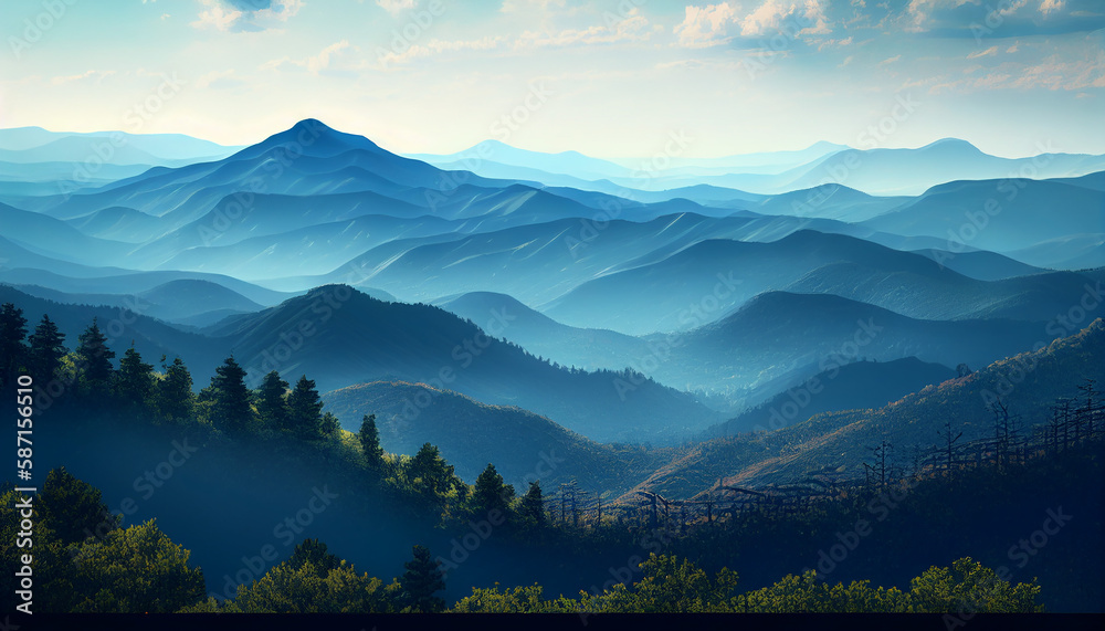 Scenic view of blue ridge mountains 3d rendering. Generative AI