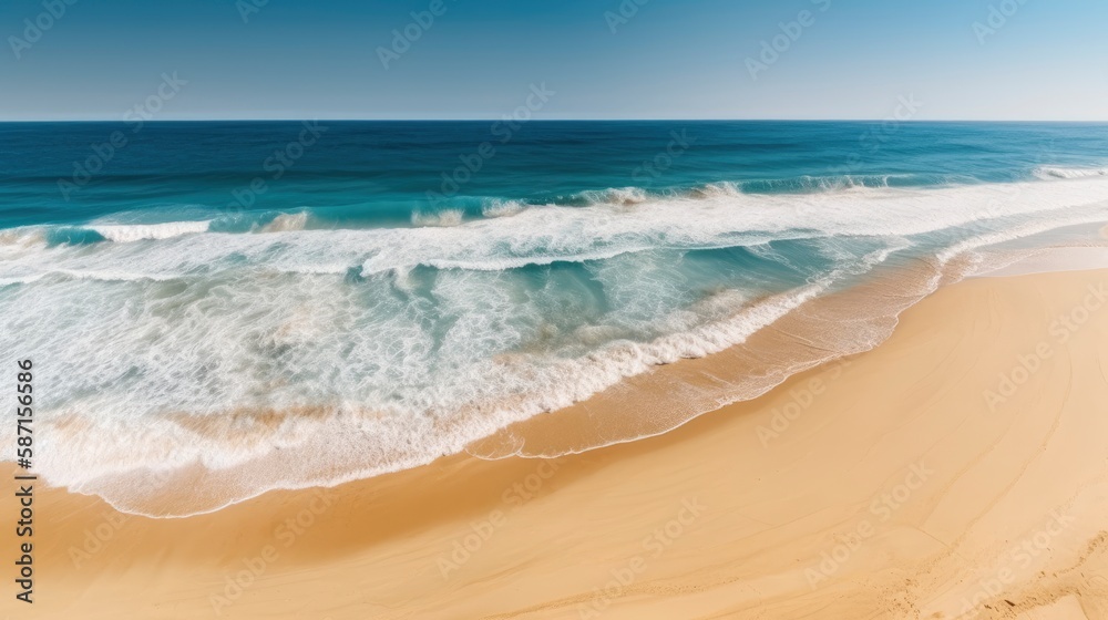 A sand beach with a blue sky and ocean waves. Generative AI