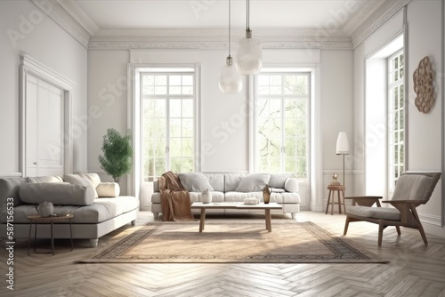 modern living room with large windows and stylish furniture. Generative AI © AkuAku