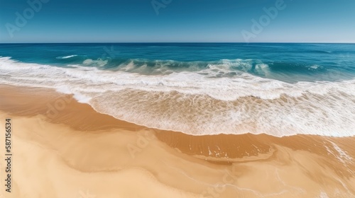 A sand beach with a blue sky and ocean waves. Generative AI