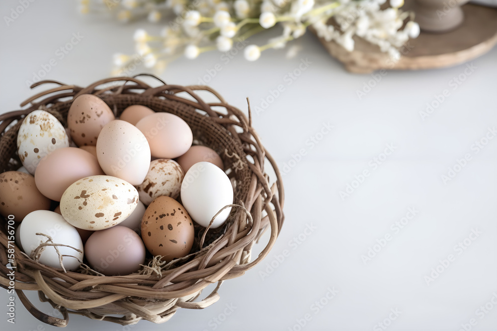 a basket filled with eggs sitting on top of a white table a basket filled with eggs sitting on top of a white table