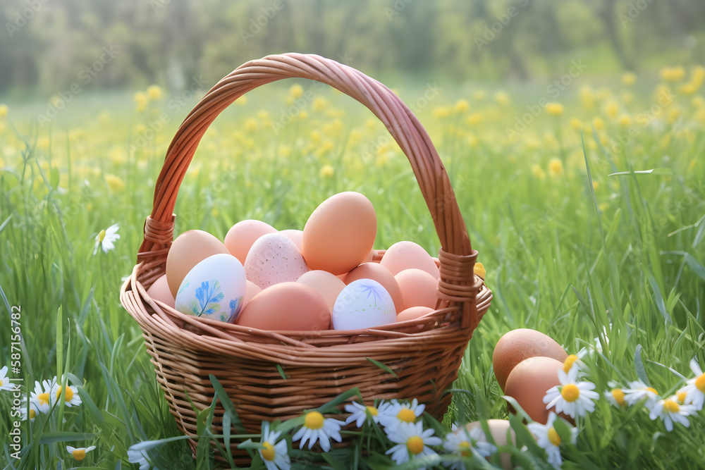 a basket filled with eggs sitting on top of a lush green field a basket filled with eggs sitting on top of a lush green field