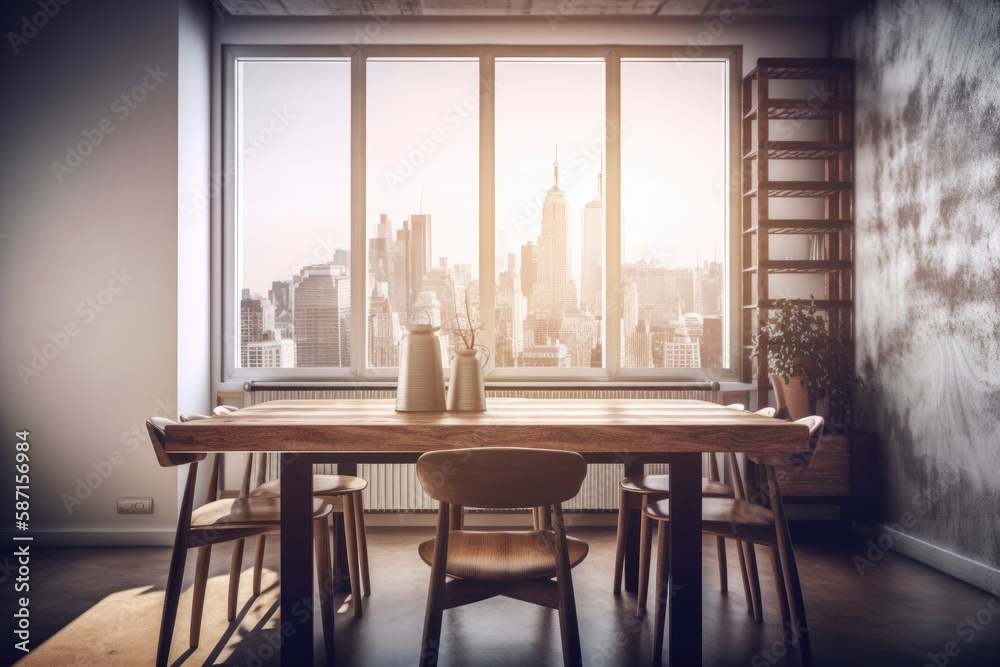 A wooden dining room table and black chairs are in the room. windows with a view of the city. mock up toned double exposed image. Generative AI