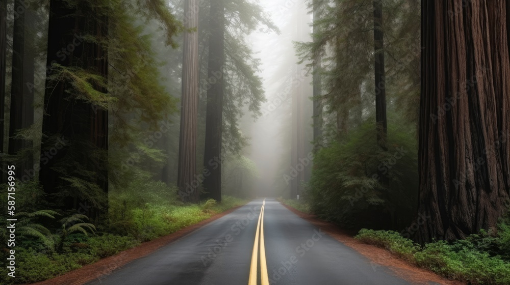 Obraz premium A road in the forest with a foggy background. Generative AI