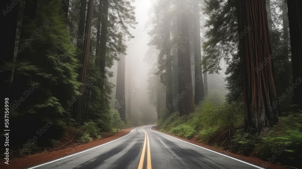 Obraz premium A road in the forest with a foggy background. Generative AI