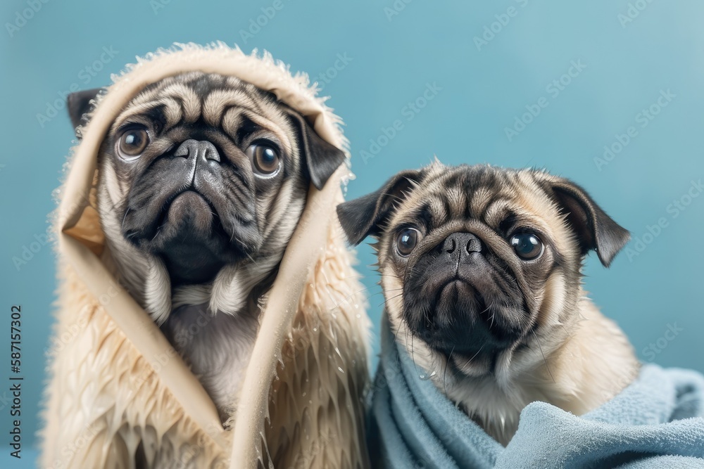 Pug puppy with a funny wet look and fluffy cat after a bath covered in a towel. Cute dog and gray tabby cat with freshly laundered robes and soap foam on a blue background. Generative AI