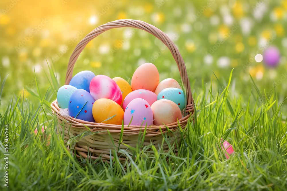 a basket filled with colorful eggs sitting in the grass 