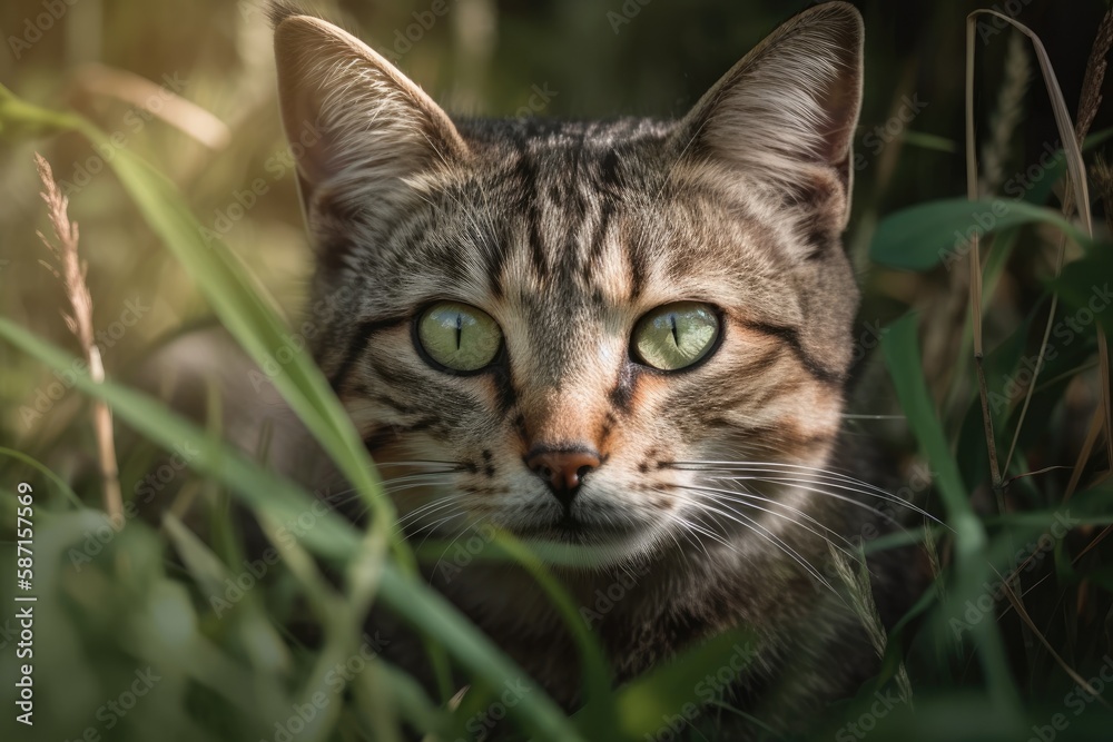A household cat was hiding in the grass. Generative AI