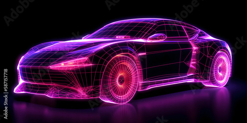 Generic abstract futuristic Glowing Concept Car neon wireframe. Purple lighting.  Generative AI.