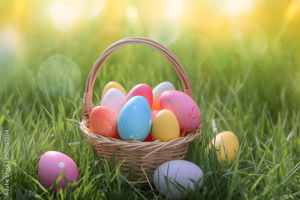 a basket filled with colorful eggs sitting in the grass 