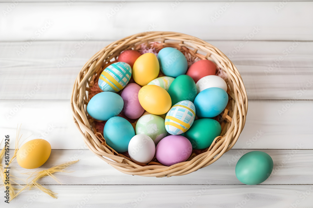 a basket filled with colorful eggs on top of a white table a basket filled with colorful eggs on top of a white table