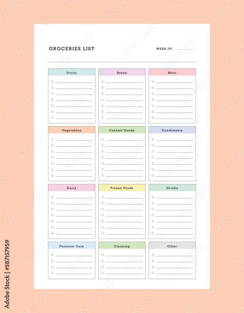 Groceries list and weekly meal planner. Vector illustration. Groceries list and weekly meal planner. Vector illustration.