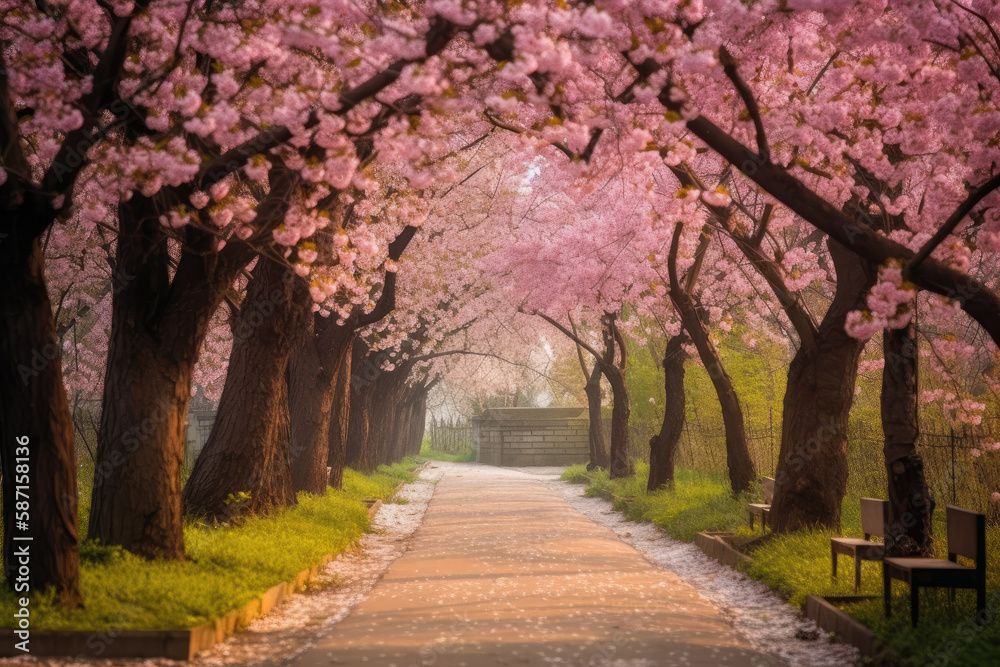 Sakura Cherry blossoming alley. Wonderful scenic park with rows of blooming cherry sakura trees in spring. Pink flowers of cherry tree, generative  AI