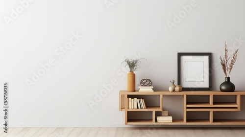 A living room with a shelf with a plant on it and a picture of a tree on the wall. Generative AI © Catrat