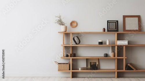 A living room with a shelf with a plant on it and a picture of a tree on the wall. Generative AI