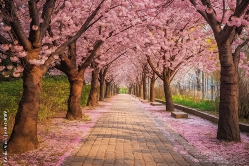 Sakura Cherry blossoming alley. Wonderful scenic park with rows of blooming cherry sakura trees in spring. Pink flowers of cherry tree  generative  AI
