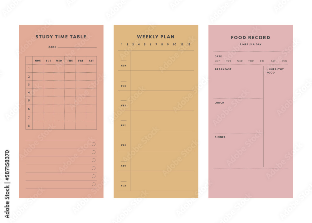 3 set of Study time table ,food record, weekly planner. Minimalist