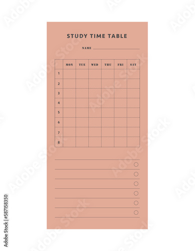 Study time table planner. Minimalist planner template set. Vector illustration.