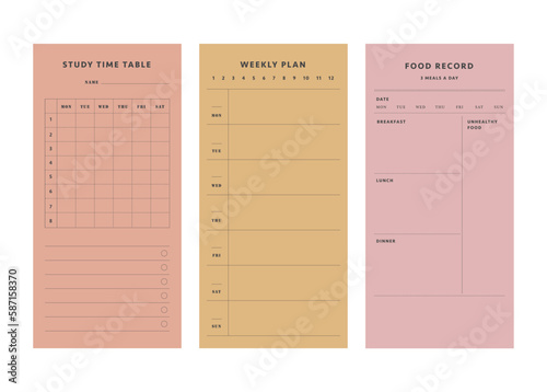 3 set of Study time table ,food record, weekly planner. Minimalist planner template set. Vector illustration.