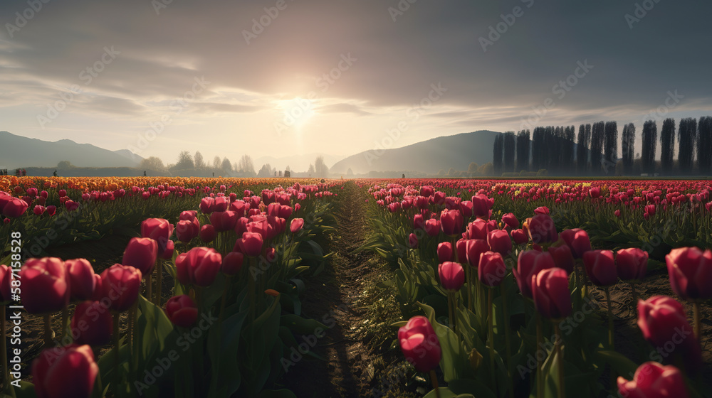 Tulip field in Tuscany, Italy at sunrise. Generative AI