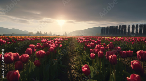 Tulip field in Tuscany, Italy at sunrise. Generative AI