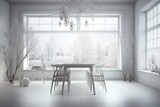 minimalist white room with modern table and chairs. Generative AI
