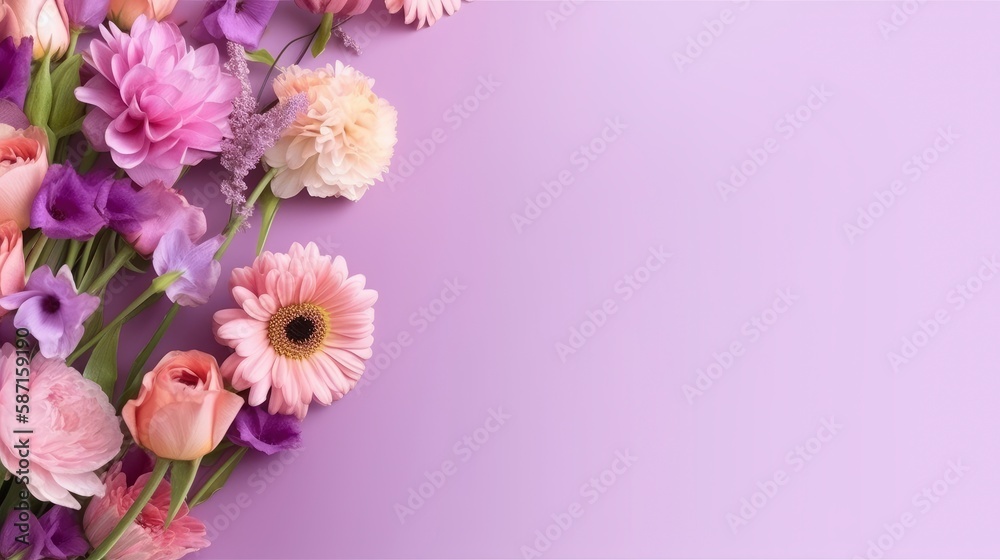 A purple background with flowers and a bouquet of flowers. Generative AI