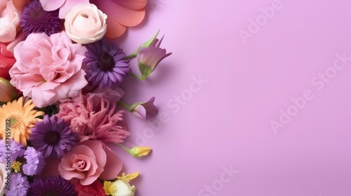 A purple background with flowers and a bouquet of flowers. Generative AI