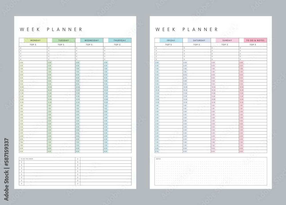 Week Planner (Mon- Sun). Minimalist planner template set. Vector illustration. Week Planner (Mon- Sun). Minimalist planner template set. Vector illustration.
