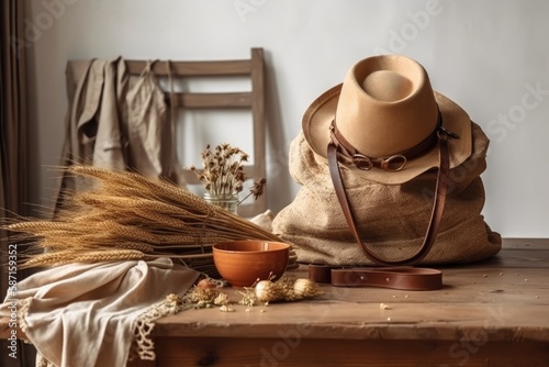 A straw brown bag with a wheat and spikelet bouquet and a white straw women's hat with wooden beads hanging on a white wall. Boho chic Bohemian closet. Generative AI