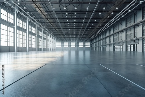 Industrial Warehouse with Large Windows and Open Space. Generative AI