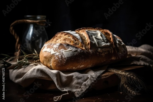 sourdough bread baked at home. Black background with freshly baked sourdough bread. Generative AI