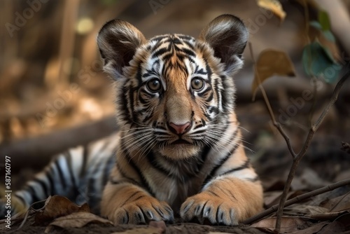 The cub of a Bengal tiger is on the ground. Generative AI