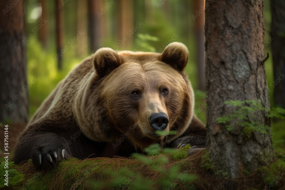 Resting in the forest is a brown bear (Ursus arctos). Generative AI