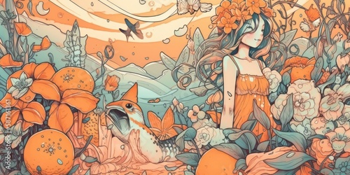 A paint of Beautiful Woman and Floral Elements in Orange colors.