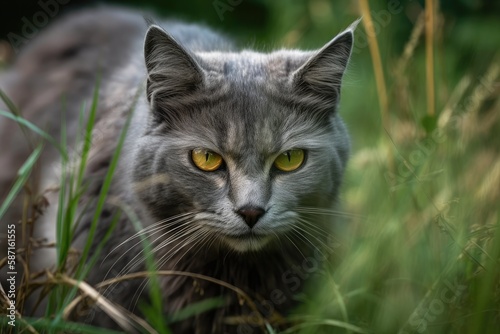 On a hot summer day, a gray cat travels through the grass. A fluffy gray cat goes for a walk in this portrait. Generative AI