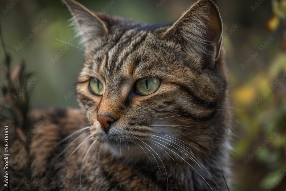 A distinguished and stunning cat with brown hair, spots, and green eyes was standing. Generative AI