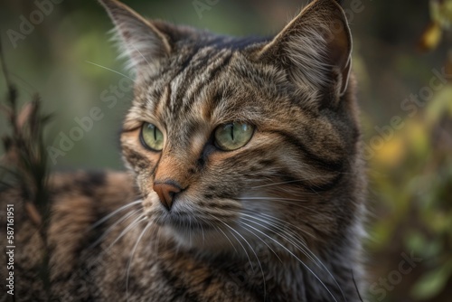 A distinguished and stunning cat with brown hair, spots, and green eyes was standing. Generative AI © AkuAku
